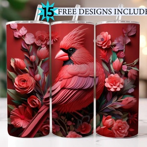 3D Red Cardinal Bird Flowers 20 oz Skinny Tumbler Sublimation Design, Instant Digital Download PNG, Straight Tumbler Wrap