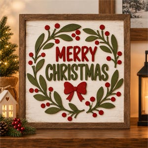 May include: A square wooden sign with a dark brown frame and a white background. The text MERRY CHRISTMAS is centered in red and green letters. A wreath design surrounds the text, featuring green leaves, red berries, and a red bow at the bottom.