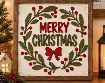 Merry Christmas Wreath SVG, Layered Wood Ornament Files, Wooden Holiday Decor, Layered Christmas Sign, 3D Wood Door Hanger svg