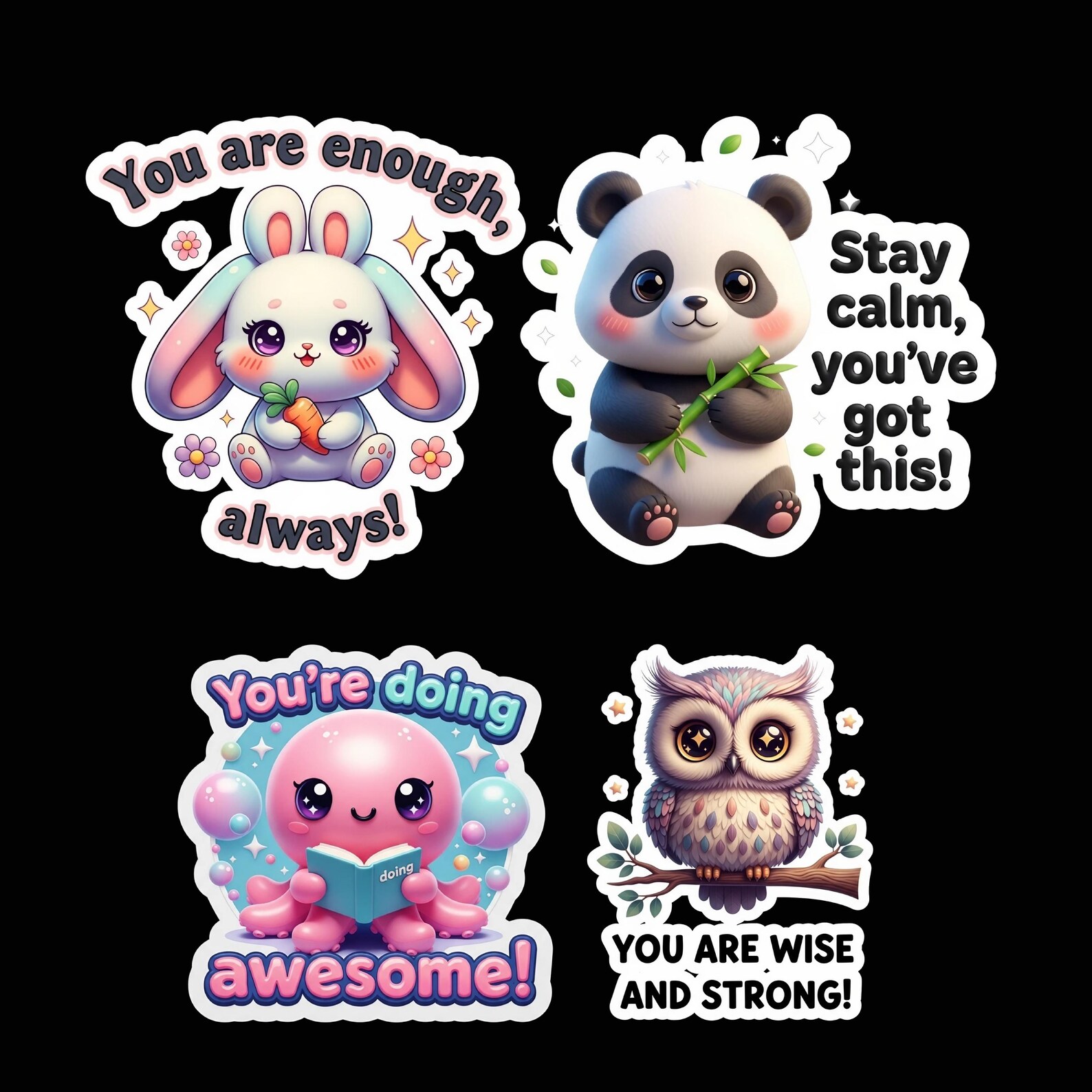 Cute Kawaii Animal Daily Affirmation PNG Bundle, Self Care Pun Sticker ...