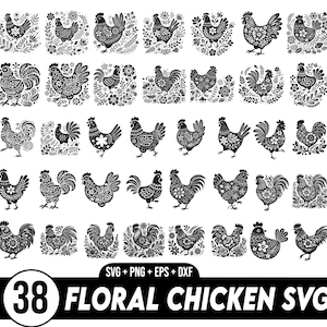 Floral poulet SVG PNG, Svg de coq, Svg d'animaux de ferme, fichiers SVG pour Cricut, usage commercial, téléchargement numérique instantané, poule, animal de basse-cour