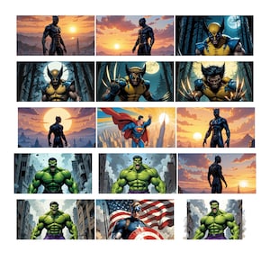 May include: A collage of comic book characters, including Wolverine, Hulk, Superman, and Black Panther. The characters are depicted in various poses and settings, including a cityscape, a forest, and a sunset.