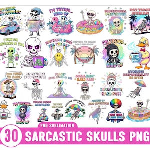 Puede incluir: Un conjunto de 30 imágenes PNG de calaveras sarcásticas con diseños variados y frases humorísticas, como "Zero Plans, Zero Problems" e "I'm Trying...Kind Of". Las ilustraciones coloridas son perfectas para proyectos de sublimación.