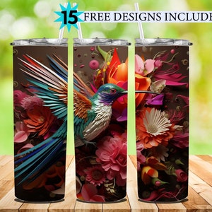 3D Colorful Hummingbird 20 oz Skinny Tumbler Sublimation Design, Straight And Tapered Tumbler Wrap, Instant Digital Download PNG