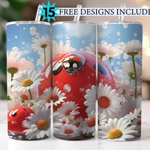 May include: A red and black ladybug sits on a red sphere surrounded by white daisies with yellow centres. The background is a blue sky with white clouds and bubbles. The image is on a white tumbler.