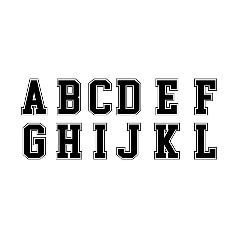 May include: Black and white uppercase letters A through L in a bold, blocky font style. The letters have a thick outline.