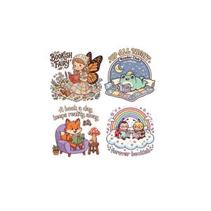 May include: Four whimsical illustrations featuring book-themed characters. A fairy reads with a butterfly wing, a frog reads under a moon, a fox reads in a purple chair, and two insects read under a rainbow. Text includes "Bookish Fairy", "Up All Night", and "forever bookish".