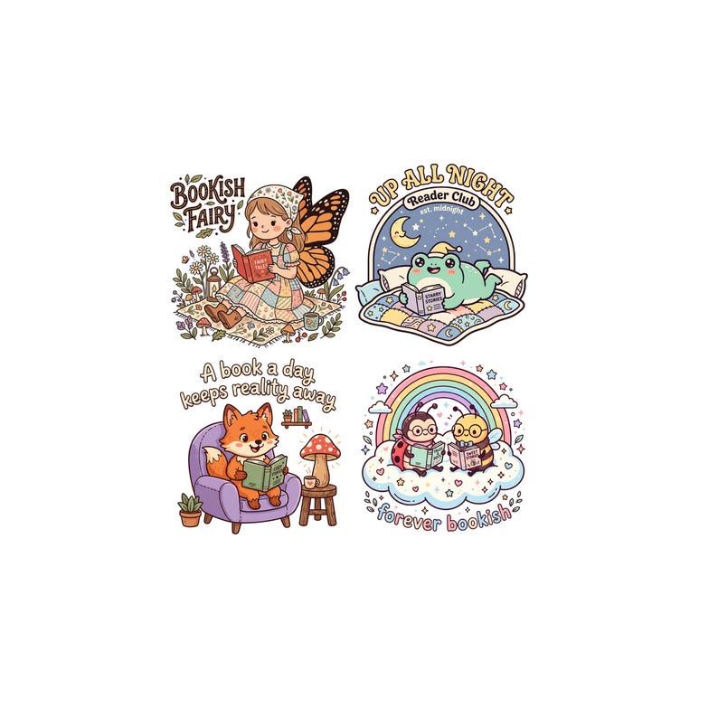May include: Four whimsical illustrations featuring book-themed characters. A fairy reads with a butterfly wing, a frog reads under a moon, a fox reads in a purple chair, and two insects read under a rainbow. Text includes "Bookish Fairy", "Up All Night", and "forever bookish".