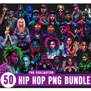 以下が含まれることがあります： 50人のヒップホップアーティストをフィーチャーしたデジタルアートバンドル。画像はミュージシャンのカラフルなポートレートを特徴とし、下部には「50 HIP HOP PNG BUNDLE」と書かれた紫色のバナーがあります。