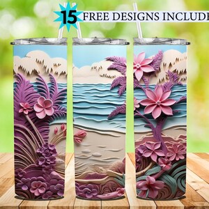 3D rzeźbione tropikalne życie na plaży Palma 20 oz Skinny Tumbler Sublimacja Design, cyfrowe pobieranie PNG, proste i stożkowe opakowanie na kubek PNG