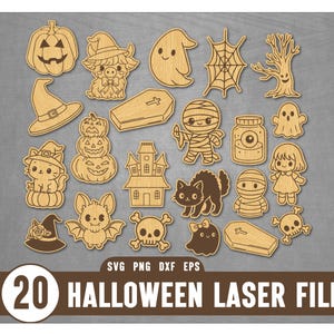 Puede incluir: Una colección de 20 diseños de corte láser de madera con temática de Halloween. Los diseños incluyen calabazas, sombreros de bruja, fantasmas, una casa embrujada, una momia, un gato negro y un murciélago. El texto "20 HALLOWEEN LASER FILE" también está presente.