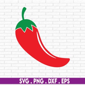 Puede incluir: Un pimiento rojo vibrante con tallo y gorro verdes, sobre un fondo de pared de ladrillos blancos. La imagen incluye el texto "SVG . PNG . DXF . EPS" en una pancarta morada. Ideal para proyectos de diseño.