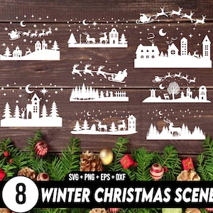 May include: Eight white winter Christmas scene designs are displayed. Each design features silhouettes of houses, trees, reindeer, and Santa's sleigh against a dark wood background. The designs include stars, moons, and snowflakes, ideal for festive crafts.