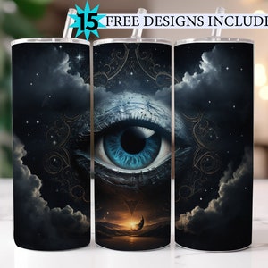 May include: Three stainless steel tumblers with a design of a blue eye with a dark blue iris and pupil, surrounded by swirling gold patterns and dark clouds. The background is a dark blue with stars.
