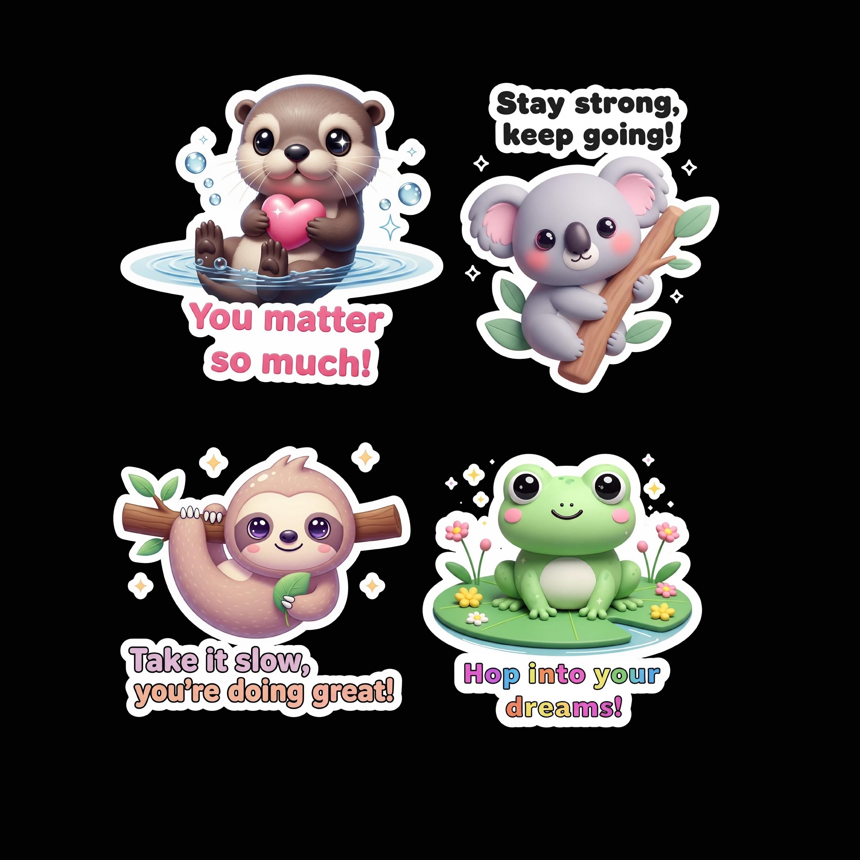 Cute Kawaii Animal Daily Affirmation PNG Bundle, Self Care Pun Sticker ...
