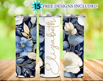 Azul floral Agregue su propio nombre Texto Diseño de vaso sin costuras Diseños de sublimación de oro Descargas - Flaco 20oz
