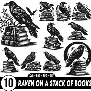 May include: A set of 10 black and white vector illustrations of ravens perched on stacks of books. The ravens are in various poses, some with their wings spread, some with their heads tilted, and some with their beaks open. The books are stacked in different ways, some with the spines showing and some with the pages showing. The illustrations are perfect for use in a variety of projects, such as scrapbooking, card making, and digital design.