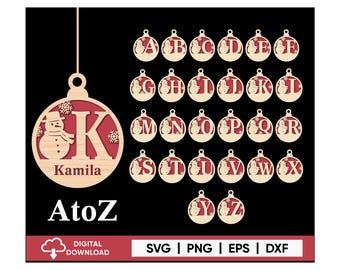 Christmas Monogram SVG Ornament, Glowforge Laser Cut Svg, Gnome Ornament Png, Round Christmas SVG Alphabet, Christmas Baubles Name SVG