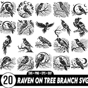 Raven svg Bundle, Raven on Tree Branch SVG, Crow Svg, Raven Svg, Crow Silhouettes, Dark Crow Svg, Crow Clipart, Raven Clipart