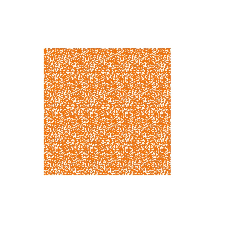 May include: A square orange and white pattern fills the frame. The design consists of small, irregular shapes in a speckled pattern. The background is white, providing contrast to the orange design. The overall effect is a textured, abstract design.