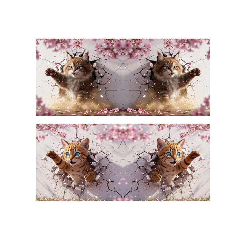 May include: A digital art print featuring two sets of mirrored images. Each set shows a cat breaking through a cracked wall, surrounded by pink blossoms. The cats have blue eyes and are in a playful pose.