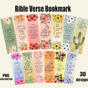 Puede incluir: Una colección de 30 marcapáginas de versículos bíblicos con diseños florales. Cada marcapáginas presenta un versículo diferente y flores decorativas en varios colores. El texto "Bible Verse Bookmark" está en la parte superior.
