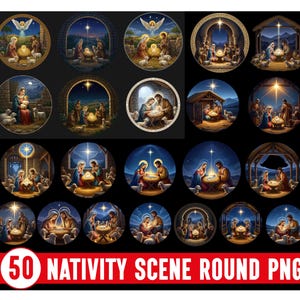 Op de afbeelding: Een verzameling van 50 ronde PNG-afbeeldingen met kerststalscènes. Elke cirkelvormige afbeelding toont een andere scène van de kerststal, met verschillende kleurenpaletten en artistieke stijlen. De afbeeldingen tonen de Heilige Familie, engelen en het kindje Jezus.