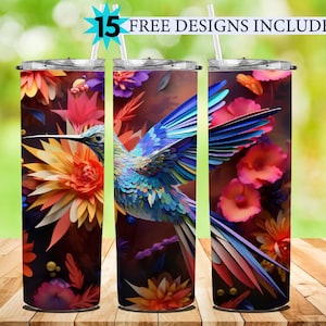 3D Colorful Hummingbird 20 oz Skinny Tumbler Sublimation Design, Straight And Tapered Tumbler Wrap, Instant Digital Download PNG