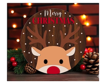 Reindeer Merry Christmas Sign SVG, Winter Door Hanger Sign Svg, Glowforge Laser Cut Files, Farmhouse Holiday Signs,Festive Door Hanger Decor