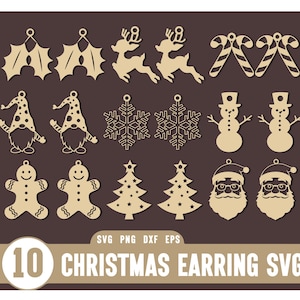 Può includere: Una collezione di dieci design SVG di orecchini natalizi in una varietà di forme festive. Include renne, bastoncini di zucchero, pupazzi di neve, omini di pan di zenzero, alberi di Natale, facce di Babbo Natale, fiocchi di neve e gnomi. Il testo "10 Christmas Earring SVG" è visualizzato.