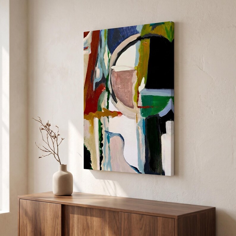 Texas Artist Original Abstract Canvas Print Geometric Modern Triptych Wall Art Set Colorful Contemporary Bedroom Living Room Artwork Ready Hang Design Fractured Geometry Bold Angular Shapes Deep Green Burgundy Blush Cream Color Palette Home