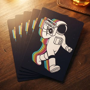 May include: A deck of playing cards featuring a cartoon astronaut holding a boombox with a rainbow trail on a dark blue background. The astronaut is wearing a white spacesuit. The cards are fanned out on a wooden surface.