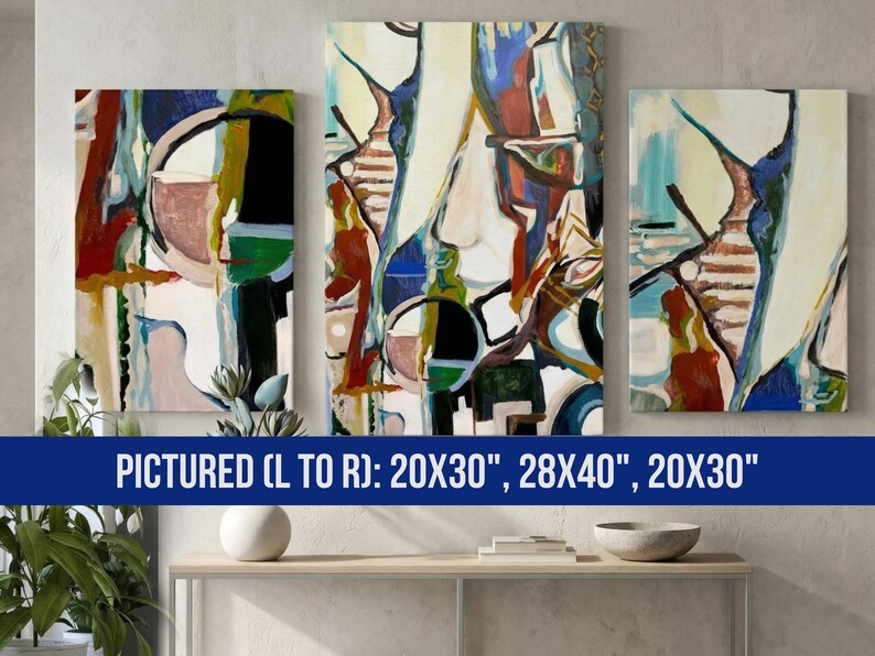 Geometric Abstract Canvas Print Modern Triptych Wall Art Ready Hang Contemporary Bedroom Living Room Artwork Colorful Design Texas Artist Original Fractured Geometry Bold Angular Shapes Home Office Statement Piece Deep Green Burgundy Blush
