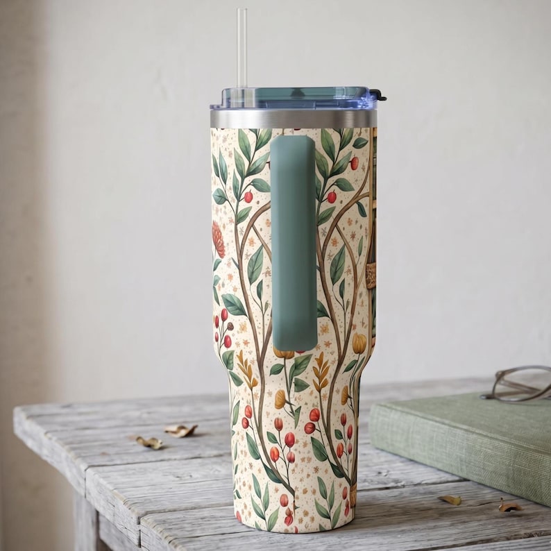 Library Aesthetic Cozy Bookish Gifts Men Insulated Cup Literary Travel Mug Botanical Design Drinkware 40oz Vacuum Tumbler Stainless Steel Handle Container Book Lover Gift Reading Enthusiast Portable Coffee Tea Cup Illustrated Storybook