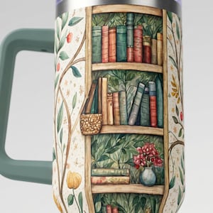 Literary Travel Mug Botanical Design Drinkware 40oz Tumbler Handle Stainless Steel Vacuum Insulated Cup Book Lover Gift Reading Aesthetic Cozy Bookish Gifts Men Portable Container Coffee Tea Temperature Control Illustrated Nature Motifs