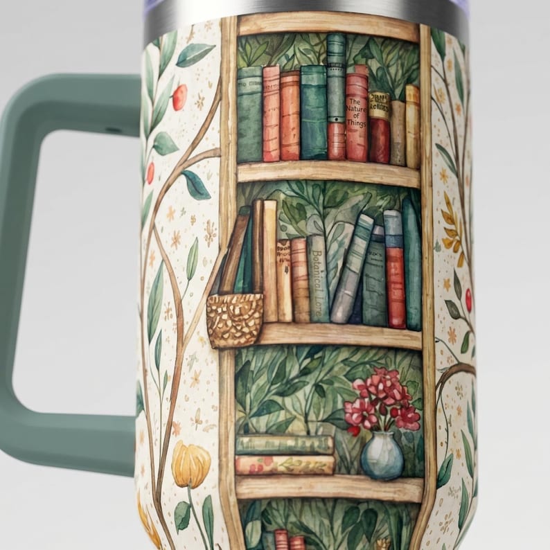 Literary Travel Mug Botanical Design Drinkware 40oz Tumbler Handle Stainless Steel Vacuum Insulated Cup Book Lover Gift Reading Aesthetic Cozy Bookish Gifts Men Portable Container Coffee Tea Temperature Control Illustrated Nature Motifs
