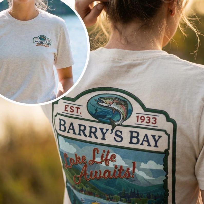 Every Summer After Merch Every Year After Series British Columbia Outdoor Adventure Apparel Lake Life Tee Shirt Men Fishing Camping T Shirt Unisex Casual Retro Travel Design Trout Graphic Nature Scene Barry's Bay Vintage Illustration Soft Cotton Breathable Fabric Gift For Fisherman