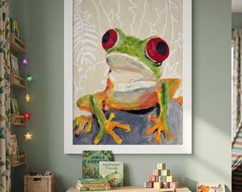 Frog Wall Art Print Wildlife Nature Enthusiast Gift Men Office Design Tropical Frog Poster Framed Red Eyed Tree Frog Painting Texas Artist