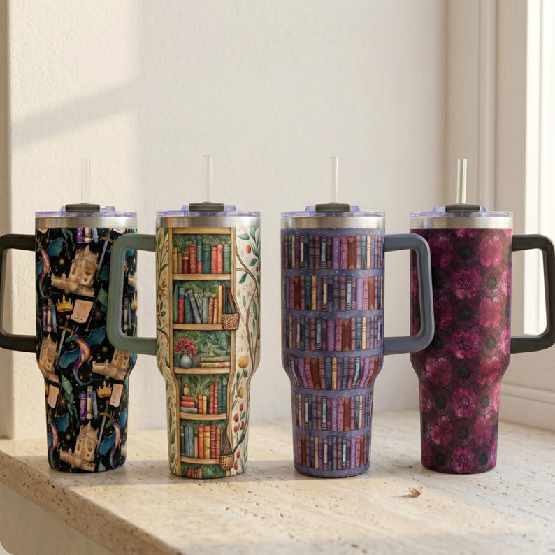 Book Lover Gift Reading Tumbler Library Aesthetic Cozy Bookish Gifts Men Insulated Cup Literary Travel Mug Botanical Design Drinkware 40oz Stainless Steel Vacuum Thermal Container Handle Resealable Lid Illustrated Nature Motifs Portable