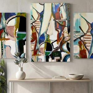 Colorful Abstract Triptych Canvas Print Wall Art Contemporary Living Room Bedroom Artwork Geometric Modern Design Texas Artist Original Ready Hang Home Office Painting Fractured Geometry Bold Arcs Angular Composition Deep Green Burgundy