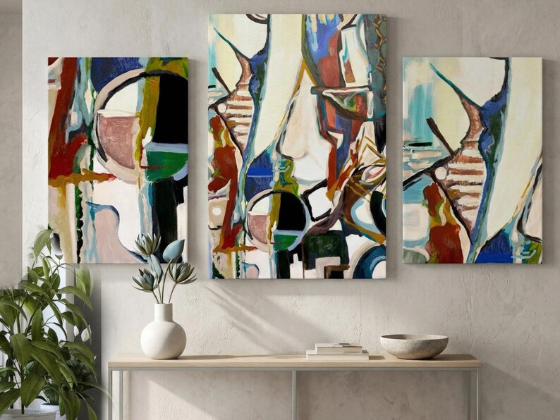 Colorful Abstract Triptych Canvas Print Wall Art Contemporary Living Room Bedroom Artwork Geometric Modern Design Texas Artist Original Ready Hang Home Office Painting Fractured Geometry Bold Arcs Angular Composition Deep Green Burgundy