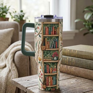 40oz Insulated Cup Literary Travel Mug Botanical Design Drinkware Book Lover Gift Reading Tumbler Library Aesthetic Stainless Steel Vacuum Thermal Handle Container Cozy Bookish Gifts Men Portable Coffee Tea Cup Illustrated Nature Wraps