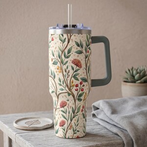 Cozy Bookish Gifts Men Insulated Cup Literary Travel Mug Botanical Design Drinkware 40oz Stainless Steel Vacuum Tumbler Handle Book Lover Gift Reading Library Aesthetic Portable Container Coffee Tea Temperature Retention Illustrated Nature