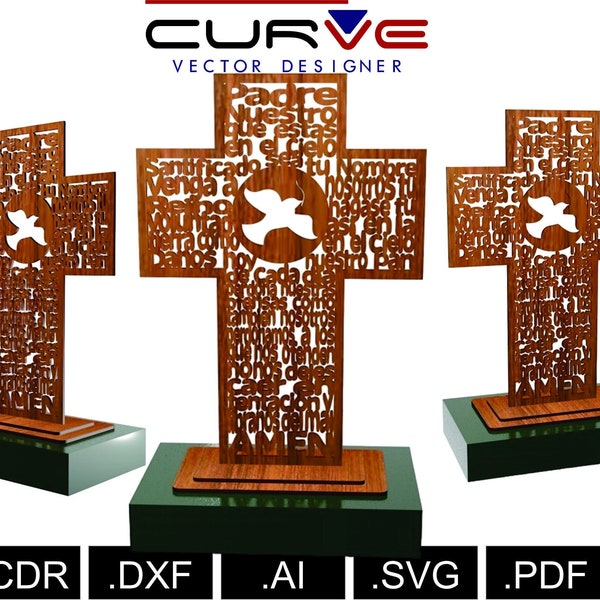 cruz padre nuestro, corte láser archivo, vectores corte cnc, cruz 3 modelos, dfx, cdr, pdf y otros