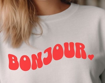 Retro Style Bonjour Sweatshirt in Bold Red for a Trendy Wardrobe
