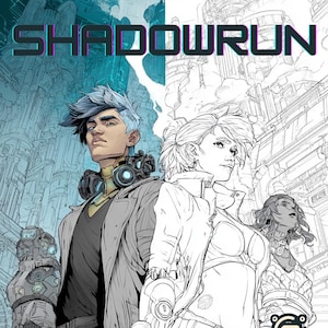 May include: A coloring book cover featuring the text "COLORING PAGES INSPIRED BY: SHADOWRUN." The artwork depicts three futuristic characters in a cyberpunk setting, with a mix of colored and grayscale illustrations. The GeekPedder logo is in the bottom right corner.