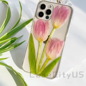 Handmade Pressed Real Flower Tulip phone Case for iPhone 15 14 13 12 11 pro max case XR XS Case, Cute pink flowers iPhone case gift for her