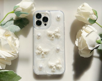 Handcrafted Pearly Lustre 3D Cute Bow Charms Resin Phone Case for iPhone 15 14 13 12 11 pro max case, Shockproof phone case for gift
