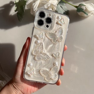 Handcrafted Pearly Lustre 3D Butterfly Charms Resin Phone Case for iPhone 15 14 13 12 11 pro max case, Shockproof phone case for gift