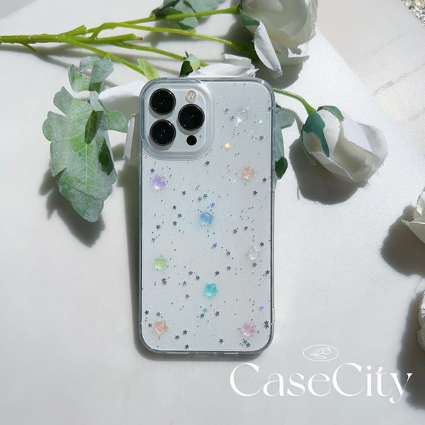 Glitter 3D Stars Transparent Phone Cases for iPhone 15 14 13 12 11 pro max case 12 13 mini Case Handmade Resin Cute iPhone case